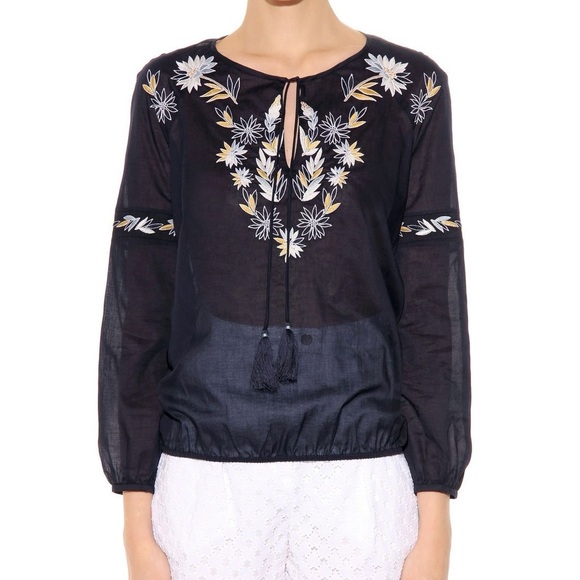 TORY BURCH COTTON POPLIN SPLIT-NECK EMBROIDERED PEASANT TOP IN NAVY SIZE 8 - Picture 4 of 10